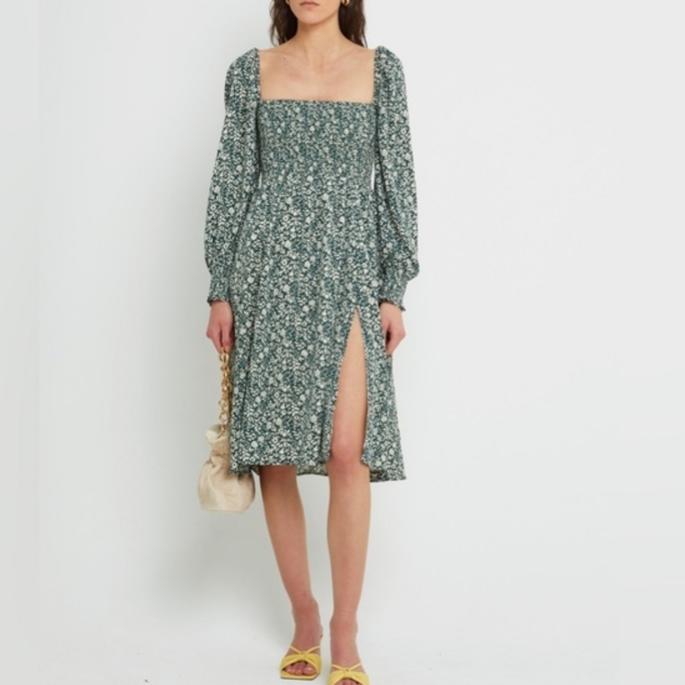O.P.T. Lenon Classic Smocked Green Floral Midi Dress, Size S